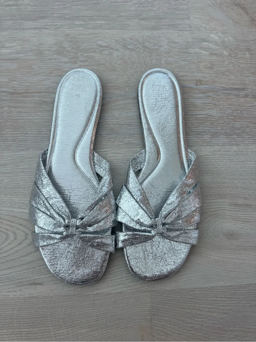 Zara Metallic Silver Knot-Front Slide Sandals for Women